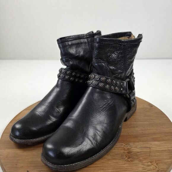 Frye Harness Boots Shoes Womens Size 6.5 Black Leather Studded Moto Western Zip - Picture 2 of 15